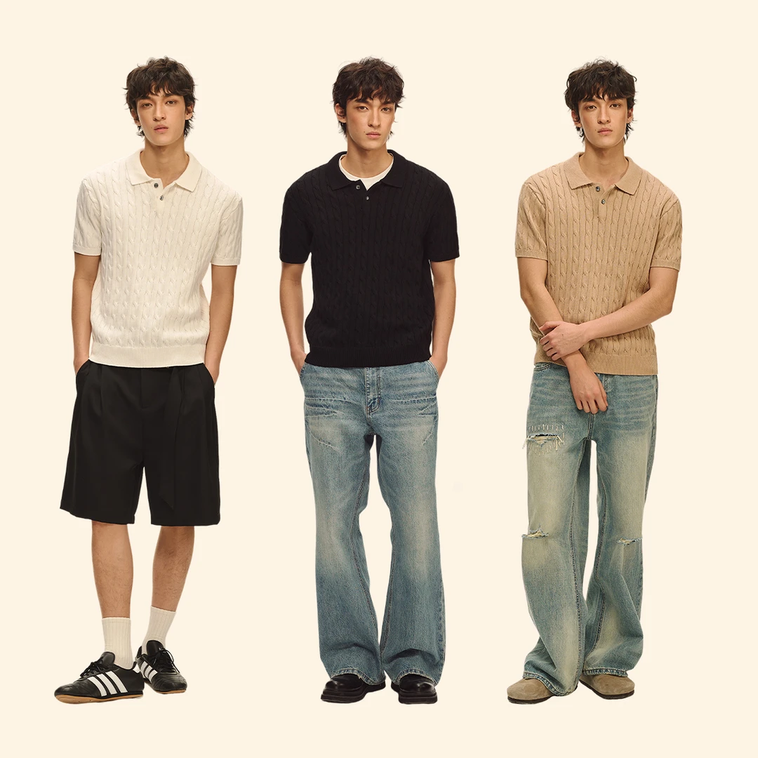 CLIMAX VISION32支2股全棉纱线老钱风经典绞花polo领短袖针织衫