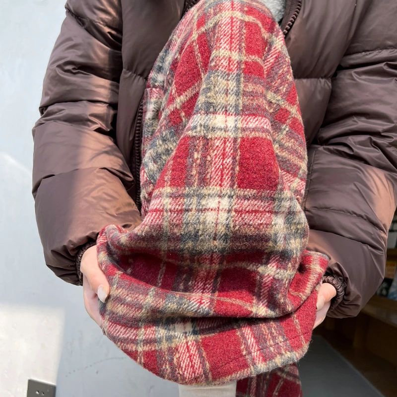 逃屿 红色毛呢格子裤女秋冬高腰垂感休闲裤直筒垂感慵懒风阔腿裤