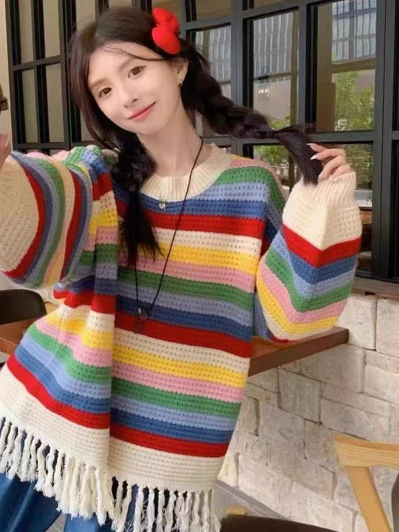 彩色条纹毛衣秋冬女2025新款冬季宽松慵懒设计感独特漂亮针织上衣