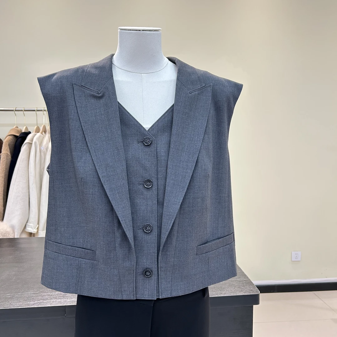 2025新款西装驳领 V领 假两件马夹职业显瘦洋气高端马甲女