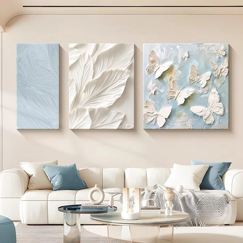 奶油风客厅装饰画蓝色花卉沙发背景墙挂画简约高级感平面三联壁画