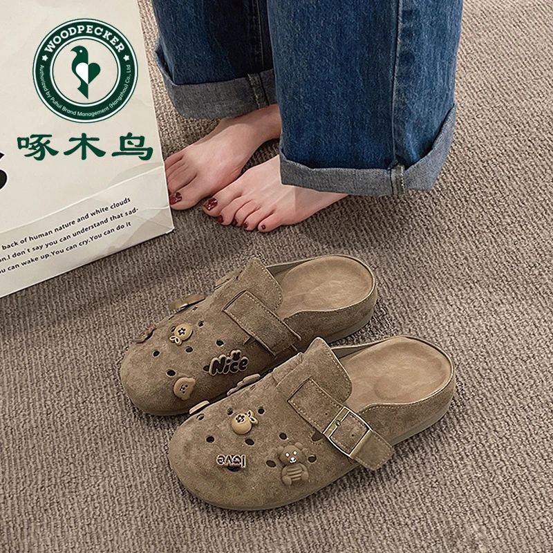 啄木鸟勃肯鞋半拖鞋女2025新款夏季外穿复古洞洞凉拖百搭包头凉鞋