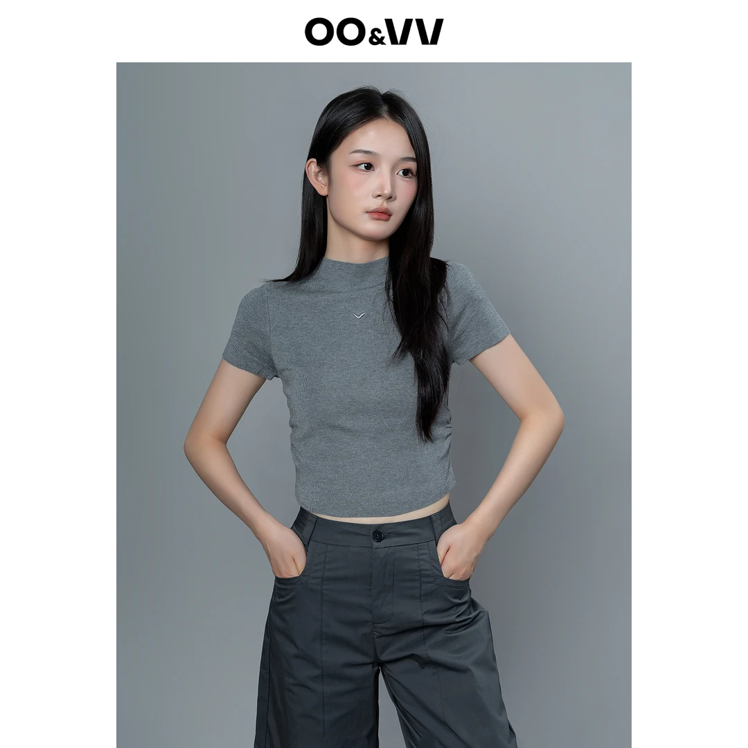 OO&VV2025秋新款莱赛尔刺绣薄款短袖针织衫修身显瘦纯色气质T恤女