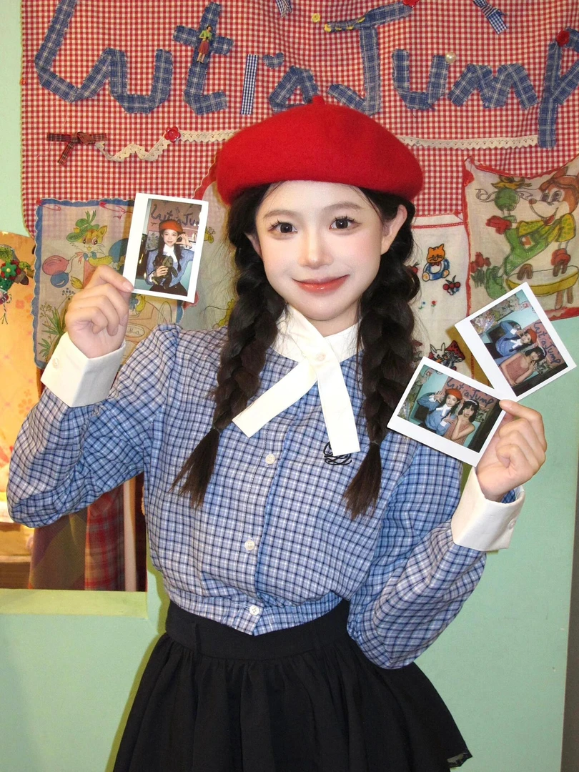 早春学院风蓝色显瘦格子长袖衬衫女气质上衣设计感短款半身裙套装