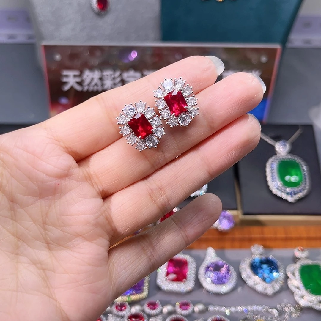 银S925镶嵌耳饰红宝石w 16