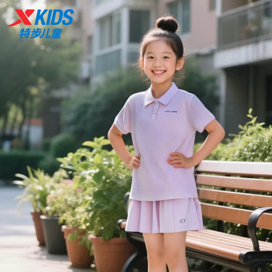 特步儿童秋季新款polo短袖短裙两件套女童透气运动套装9025+9028