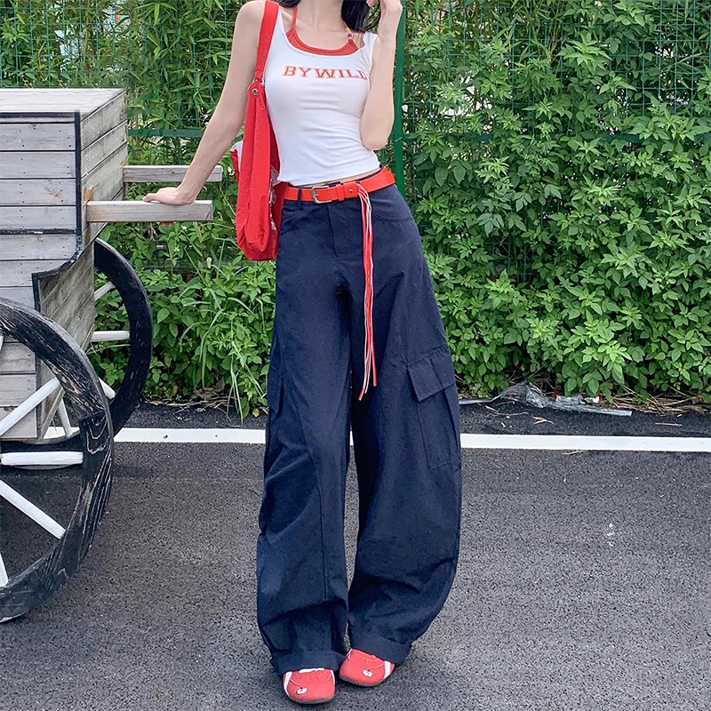 美式薄款工装裤女2025新款夏季复古藏青色弯刀裤伞兵阔腿登山裤子