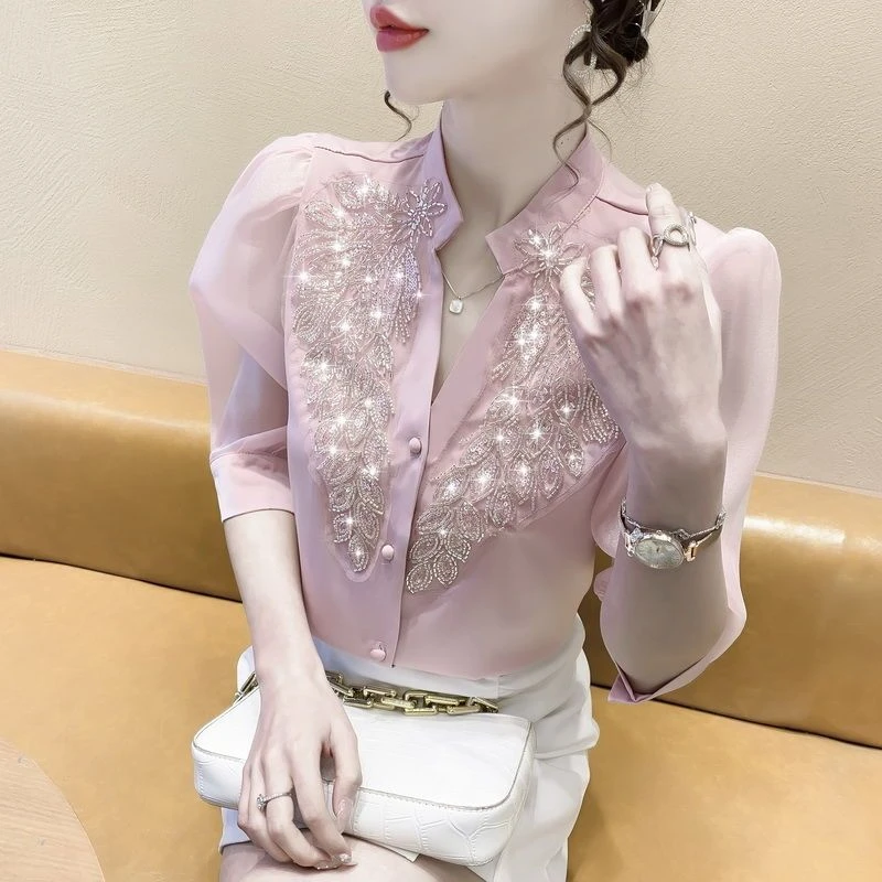 衬衣显瘦亮片别致衬衫女夏季款重工镶钻洋气时尚宽松潮流上衣