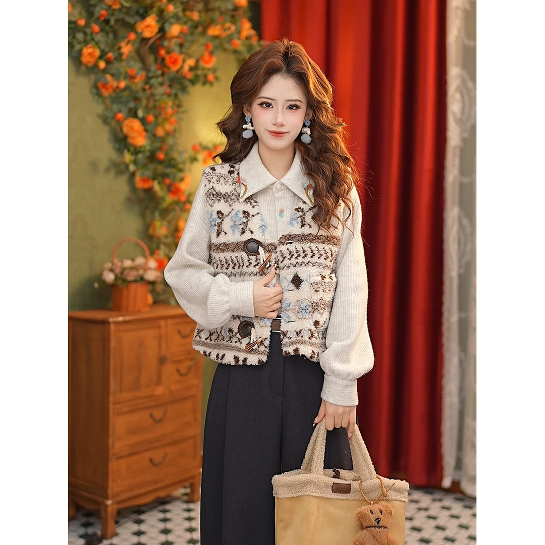 DaYuanSAD【景笛】张嘉圆费尔岛毛绒牛角扣马夹无袖上衣马甲#F14632