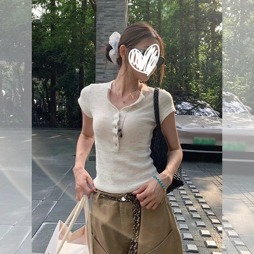 【小黄梨】韩系辣妹半开领烫钻短袖t恤独特漂亮绝美修身显瘦上衣