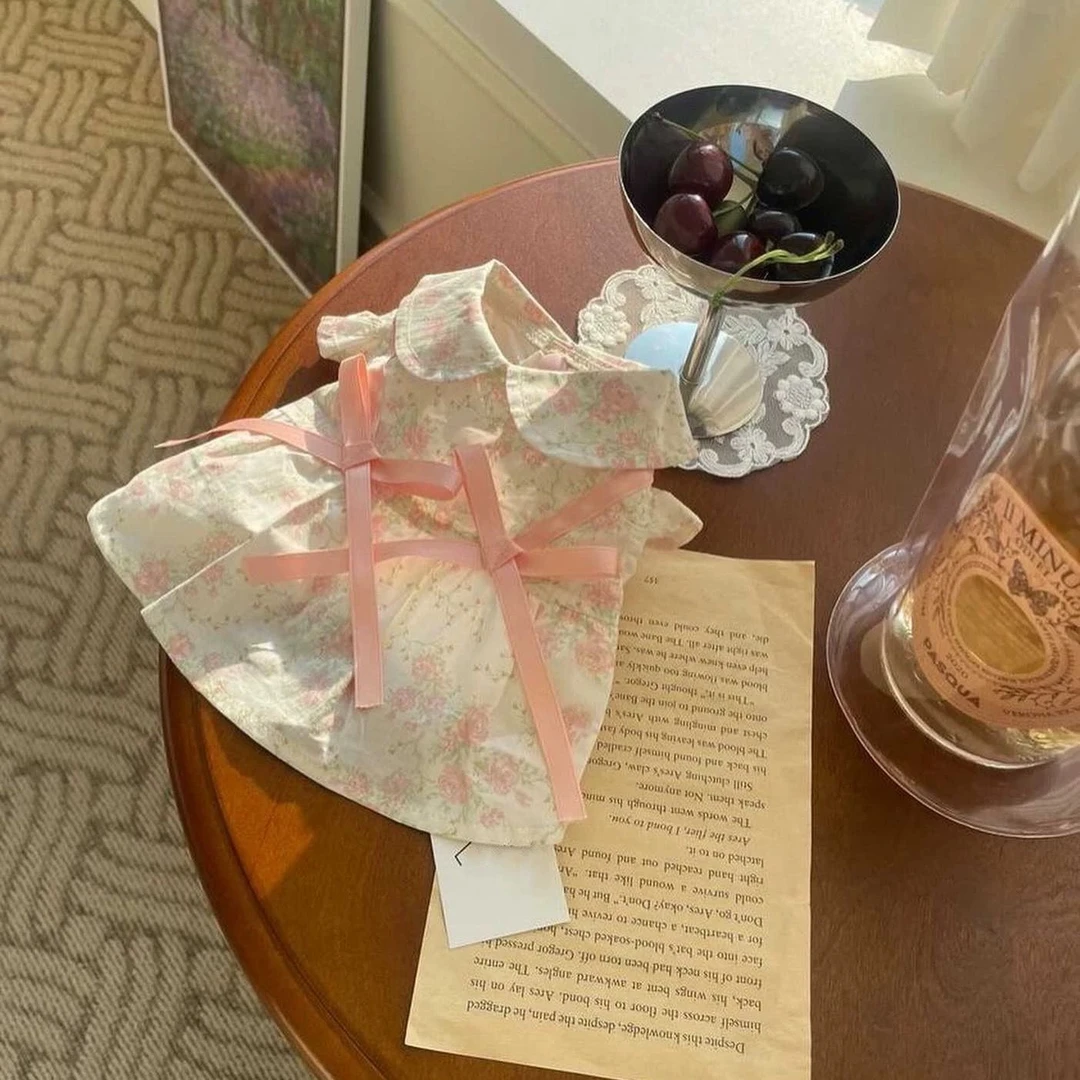 INS韩国秋季娃娃领碎花蝴蝶结裙马尔济斯比熊泰迪狗猫咪宠物衣服