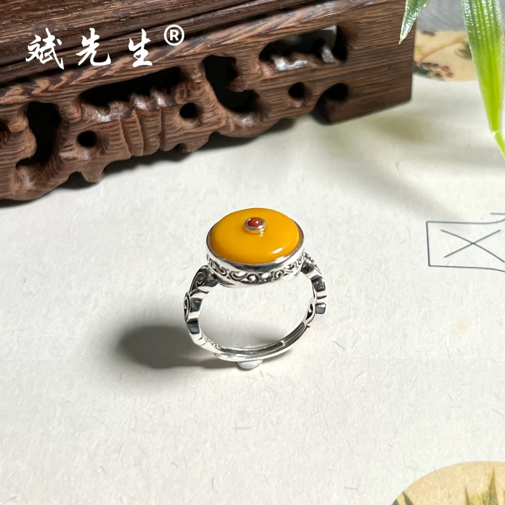 【斌先生】天然蜜蜡 925银平安扣戒指 开口可调节