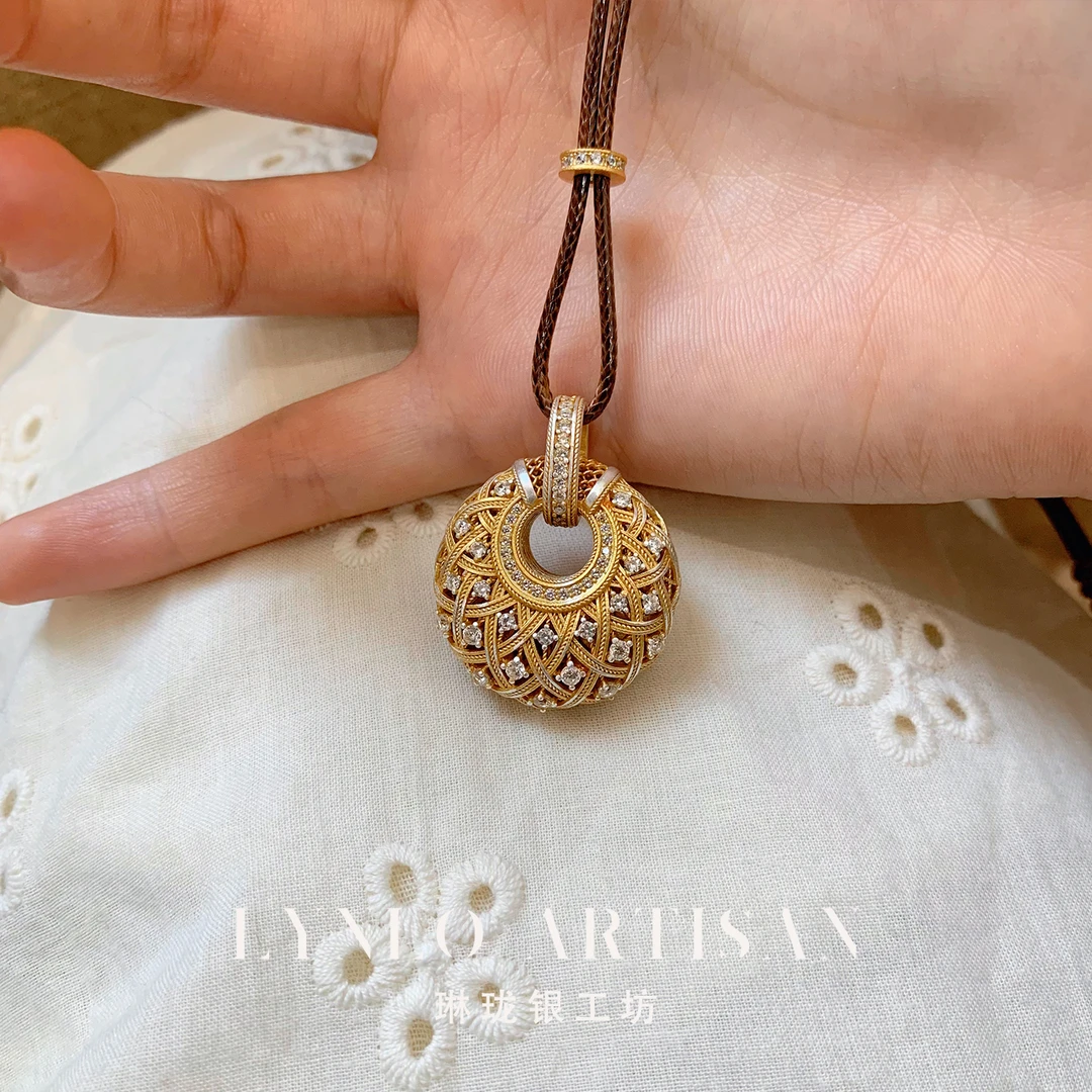 吊坠足银 琳珑银工坊[金菱锁]镂镶石 足银999.9 古法蜡绳吊坠项链