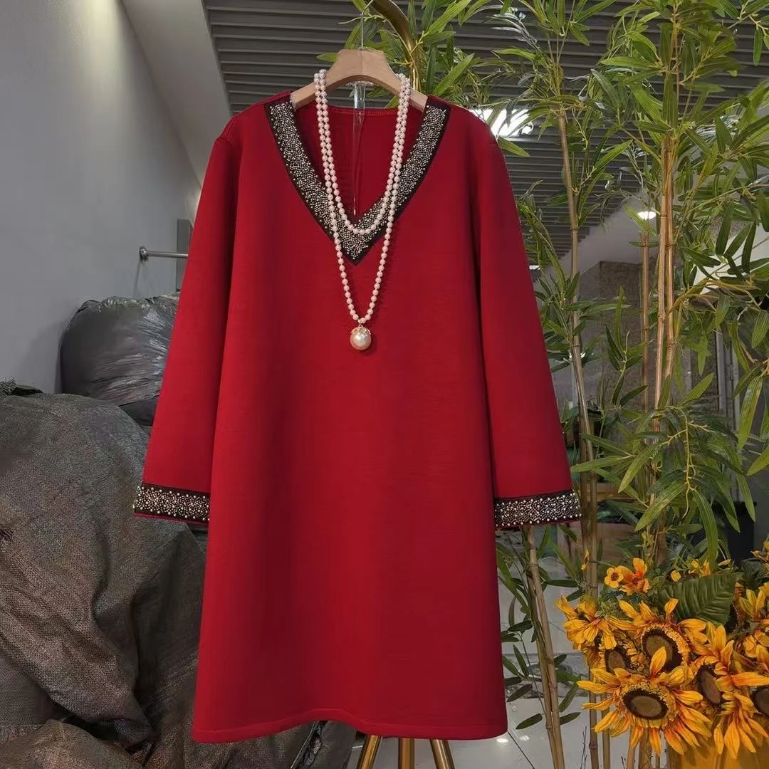 欧货时尚V领钉珠长T恤微胖女装美衣大气新款3632