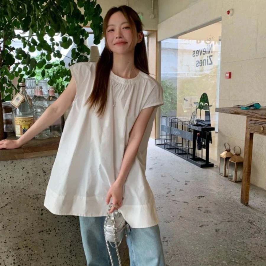 韩范chic休闲宽松简约遮肉圆领白色衬衫女夏季设计感小众无袖上衣