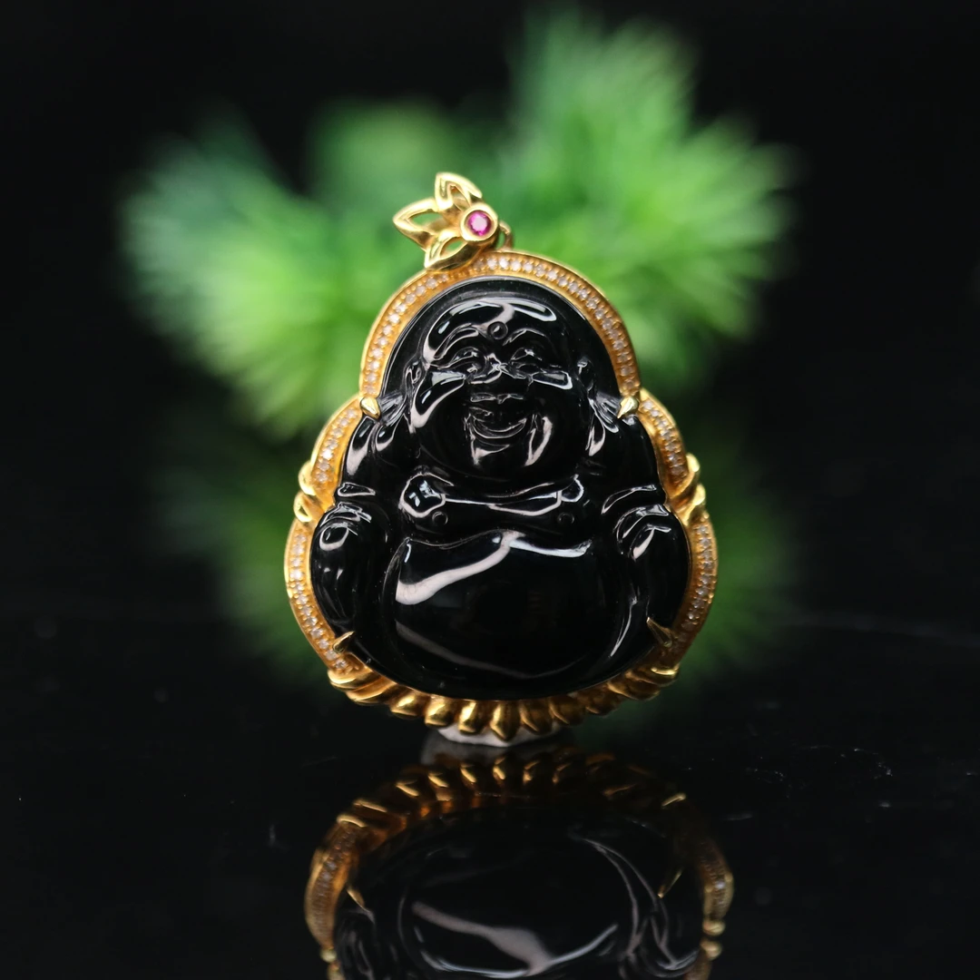 FC34天然缅甸翡翠A货18k墨翠佛公吊坠/100009/保利厦门拍卖