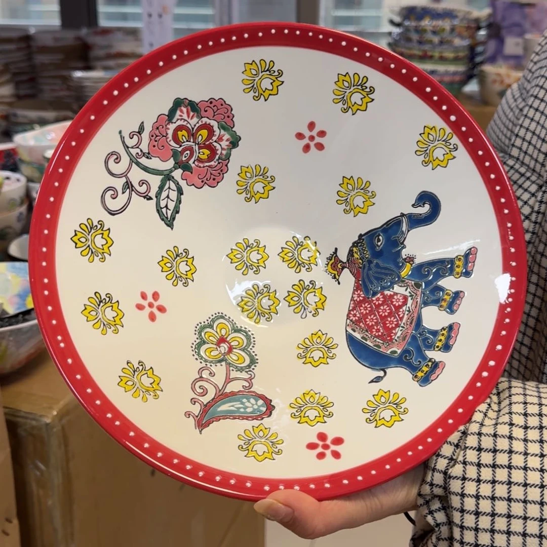 瓷片10英寸红象大号浮雕斗笠碗1只