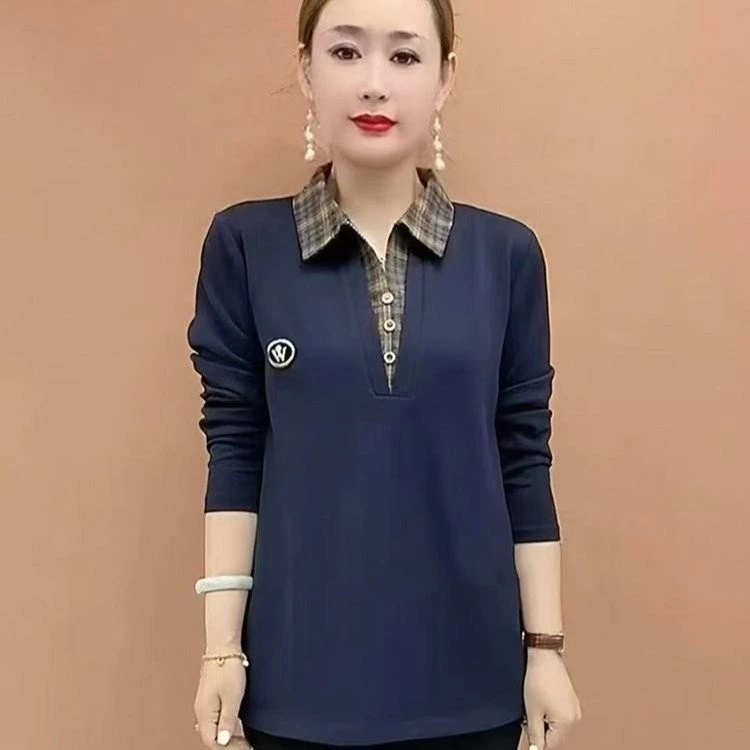 秋季新款时尚妈妈装方领时尚大码洋气印花遮肚显瘦长袖假两件小衫