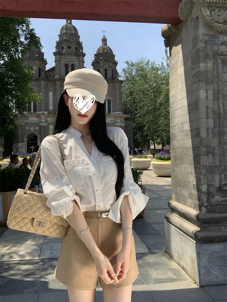 初恋秀智 天然棉白色口袋衬衫套装女高腰显瘦短裤