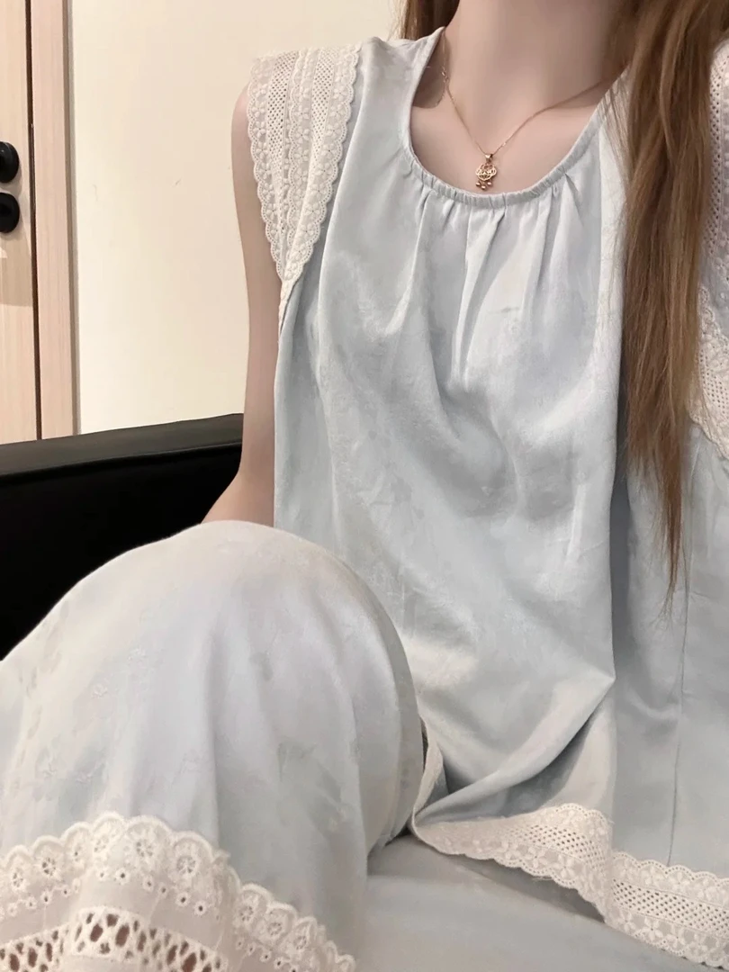 蕾丝小飞袖棉感背心长裤套装夏季款睡衣女家居服少女感可外穿睡衣