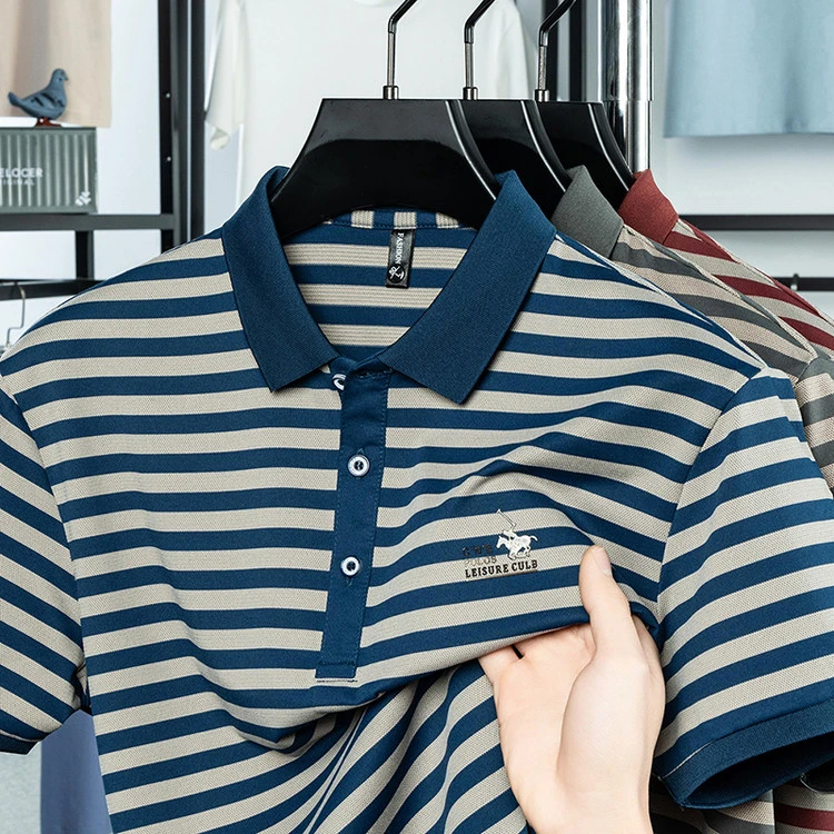 夏季新款翻领短袖T恤宽松男装时尚休闲条纹半袖体恤冰丝POLO衫