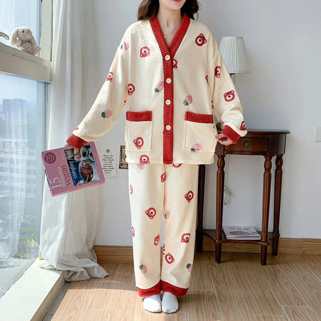 80-200斤大码胖mm女秋冬新款法兰绒带口袋中长款睡衣家居服套装