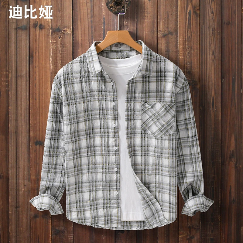迪比娅春夏季新款格纹宽松休闲长袖衬衫男装薄色织格子衬衣外套Y