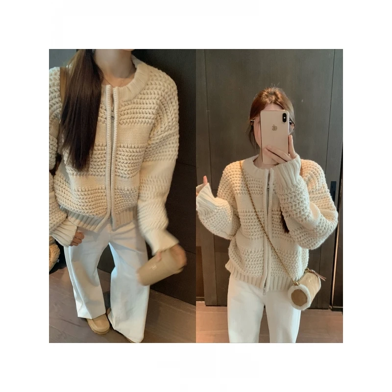 乌77韩系慵懒风加厚粗针织毛衣外套女秋冬宽松百搭双拉链圆领开衫