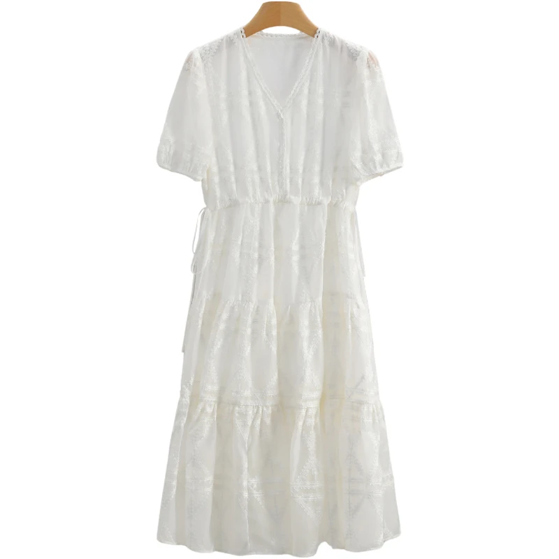 F659-【魔】法式刺绣V领修身纯色绑带连衣裙#ZMM56L003