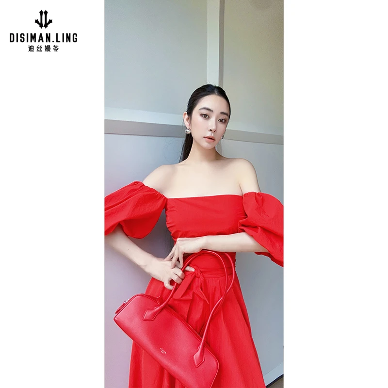 迪丝嫚苓红色连衣裙显瘦气质时尚女士印花小众设计感原创优雅感