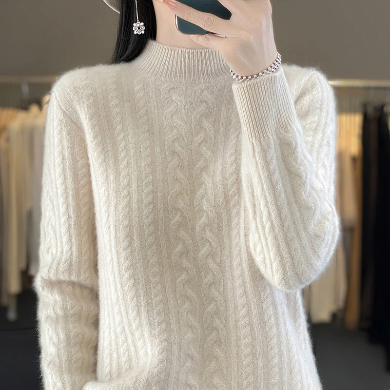 100羊绒加厚麻花半高领纯色女长袖百搭宽松针织打底衫QH2446新