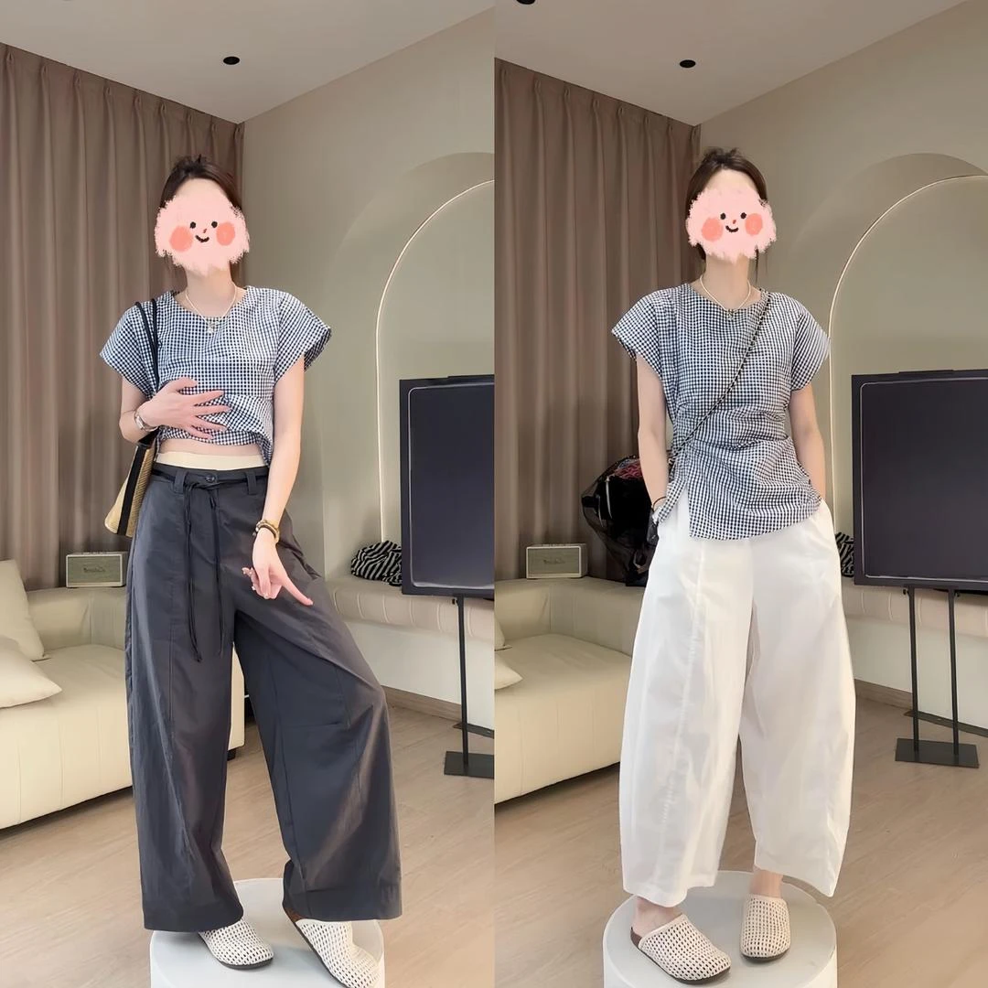 2025夏季新款韩系简约圆领显瘦格子上衣 休闲宽松百搭阔腿裤套装