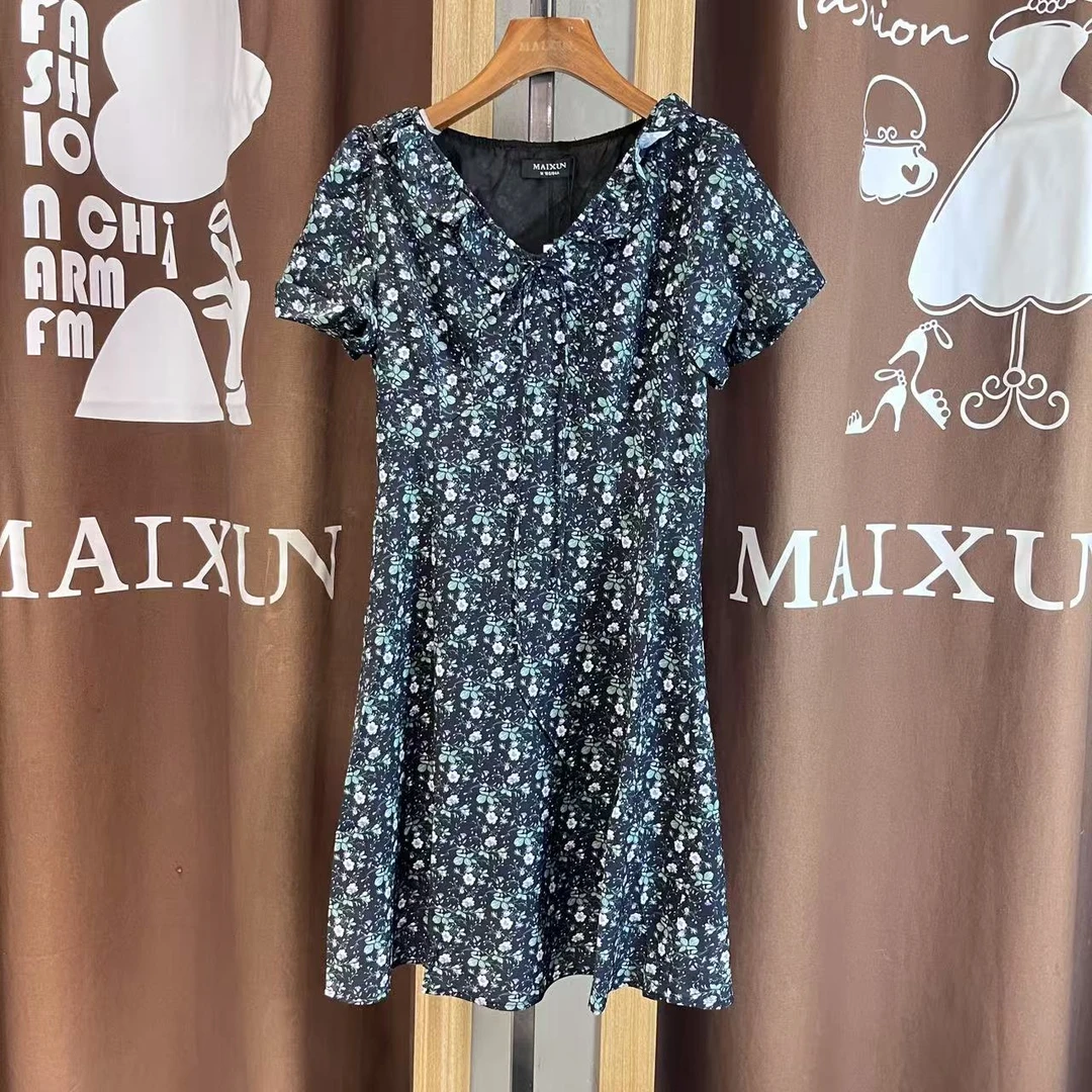 麦寻女装QLMFS21A夏季新款显瘦V领雪纺碎花中长连衣裙