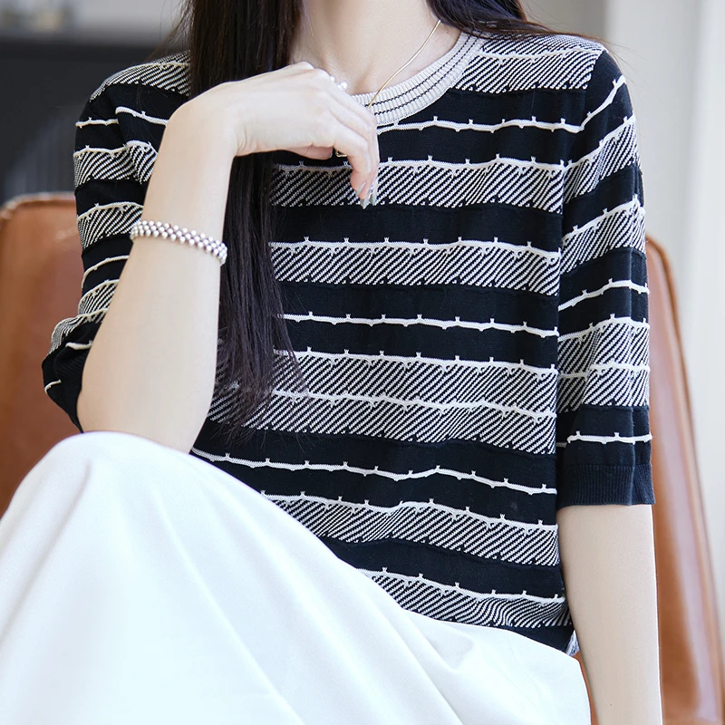 羊范100%莱赛尔天丝夏季新款时尚法式复古圆领女装针织衫条纹短袖