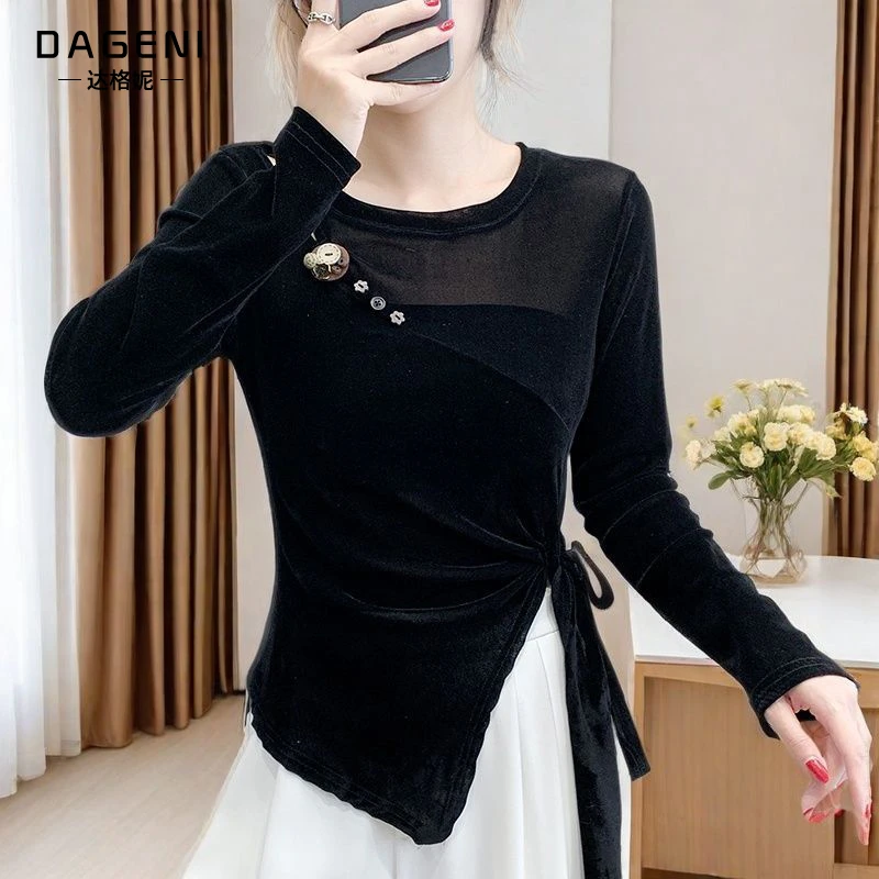 设计感斜扣丝绒上衣女秋装洋气打底衫2025新款时尚不规则气质小衫