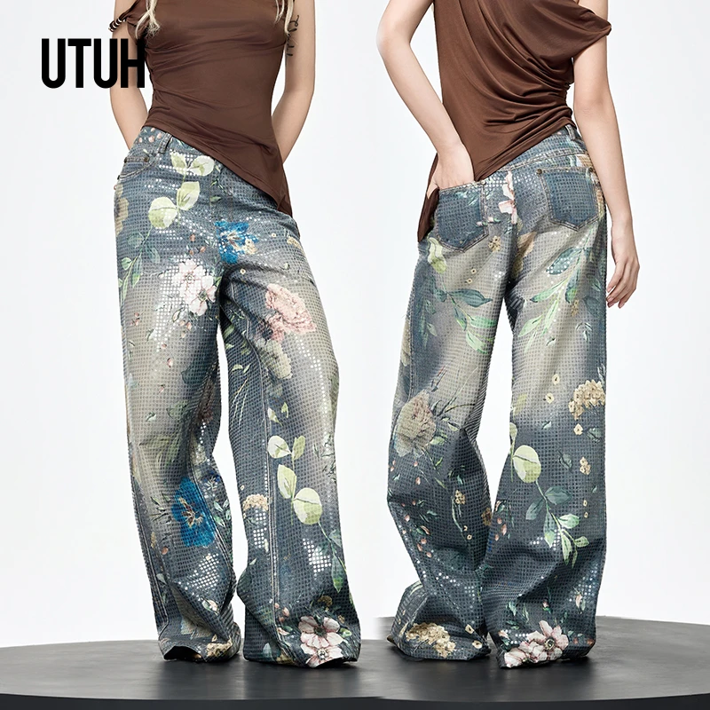 UTUH 蓝黄花色牛仔长裤 TDWWR1K122