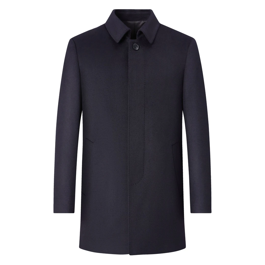 男士冬季新款春秋休闲时尚中长款100%羊绒翻领商务行政茄克外套