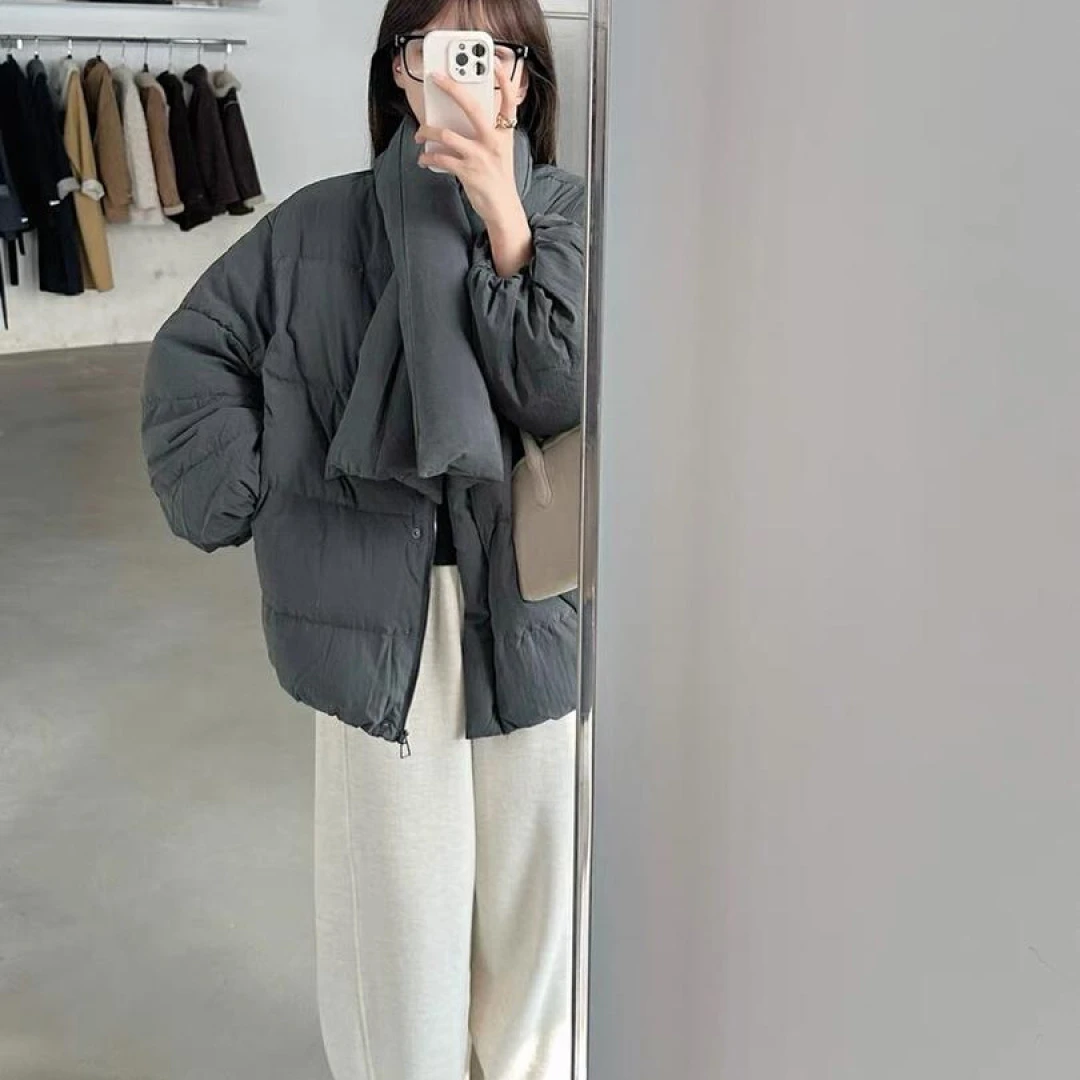 灰灰呀！8986 配围巾 韩系复古设计感圆领保暖雨雨外套