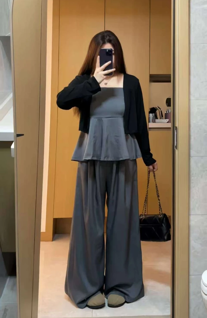 大码早秋时尚套装吊带背心薄款开衫高腰阔腿长裤三件套5956#