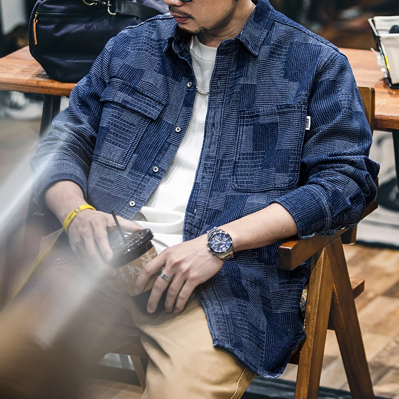 几何先生高档复古长袖衬衫男春季提花拼接衬衣男士休闲工装外套潮