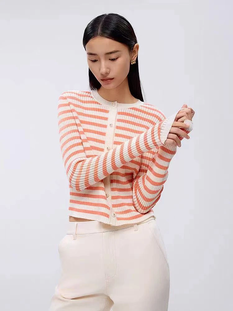 【咖白条】撞色条纹简约针织开衫女圆领上衣【221105】【304】