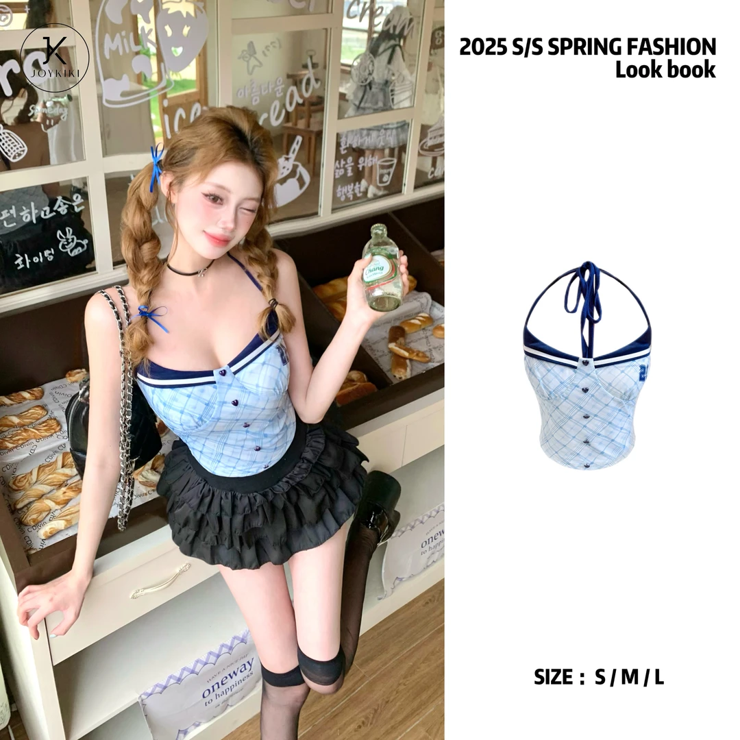 JOYKIKI金金【青春印记】夏季纯欲学院风格子拼接吊带上衣J25A415
