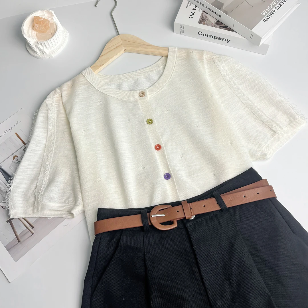 玲姐定制-微镂空薄款微透流苏袖设计感开衫针织短袖150621