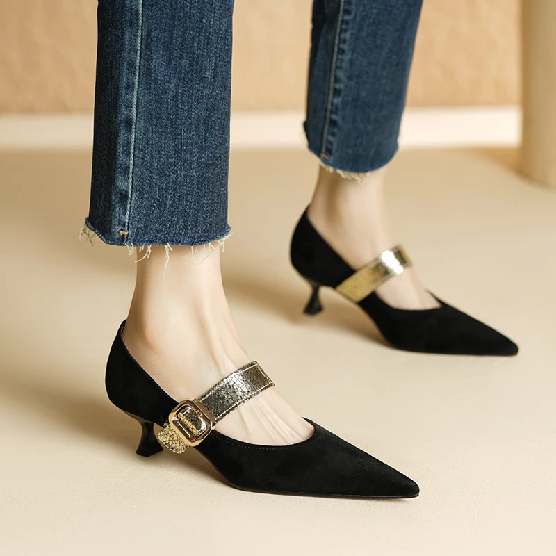 法式2025春秋新款尖头浅口一字扣带猫跟百搭气质玛丽珍高跟单鞋女