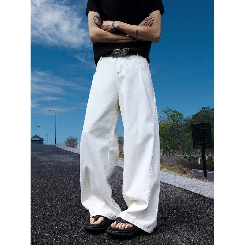 QIUYIDAODI美式vibe男生白色牛仔裤宽松垂感阔腿裤潮流百搭男裤子