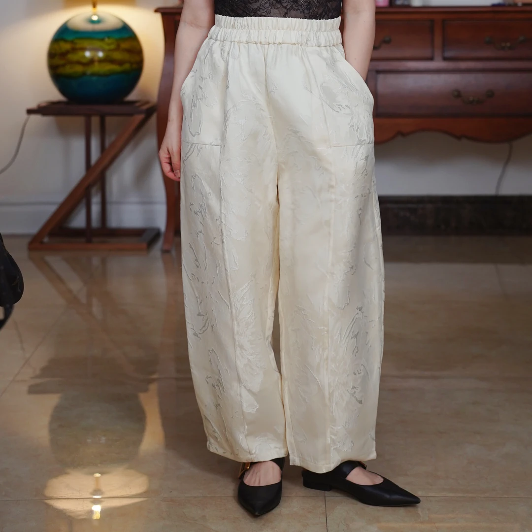 『云川』复古中式国风纯色提花松紧腰时尚百搭宽腿裤哈伦裤-P4T6420