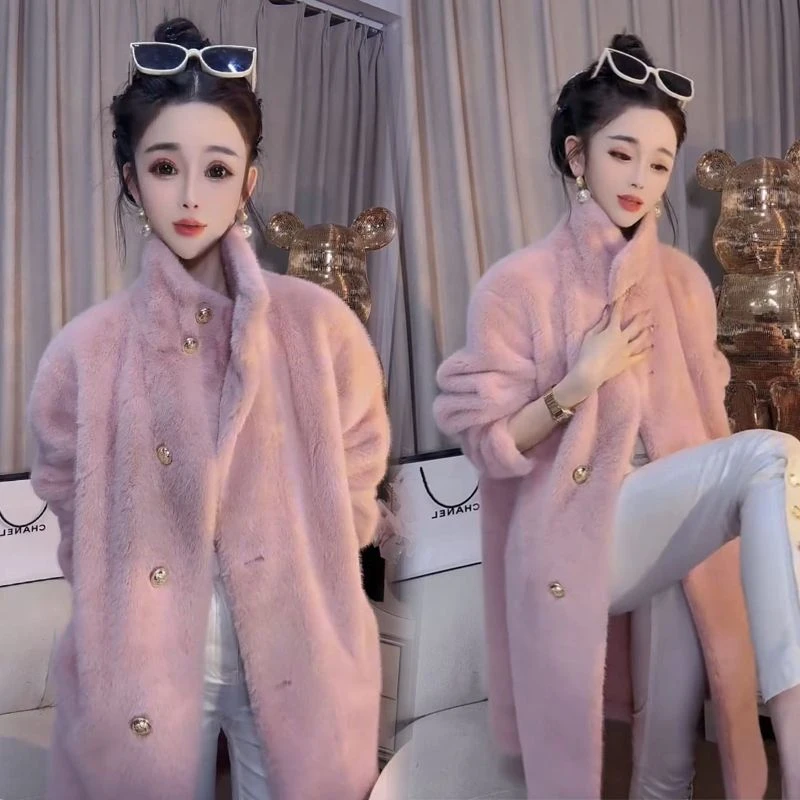 人造皮草2025冬新款时尚中长款仿貂皮大衣女外套立领毛粉色风衣