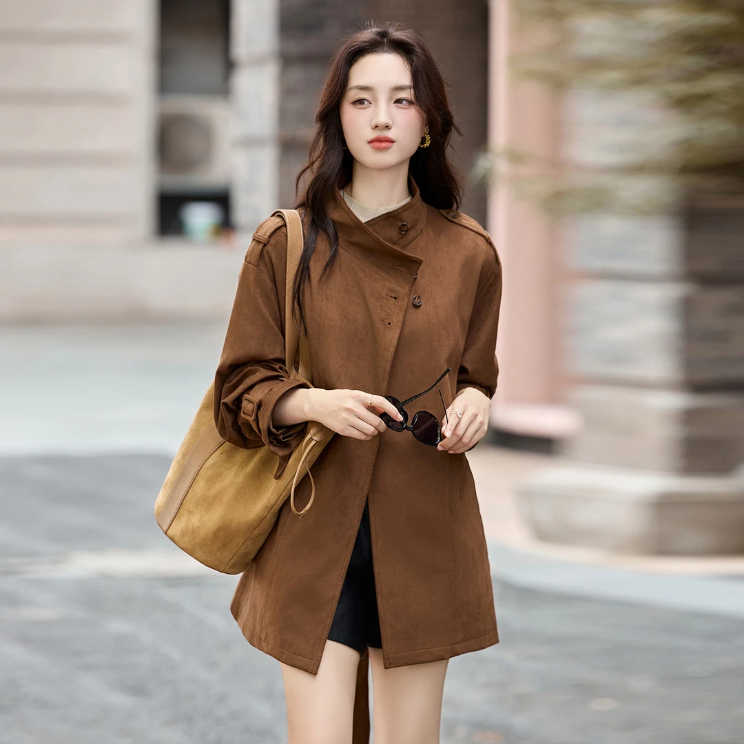 高级感复古立领风衣外套女中长款2025春秋季新款韩系休闲收腰上衣