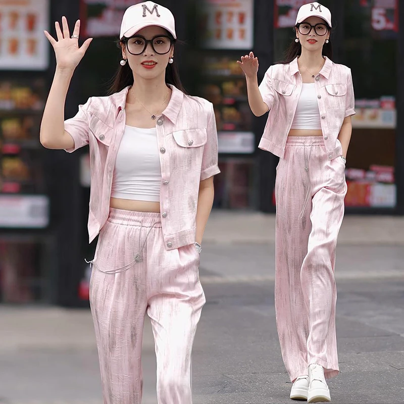 时尚翻领短袖阔腿裤两件套女夏季薄款2025新款休闲洋气质垂感套装