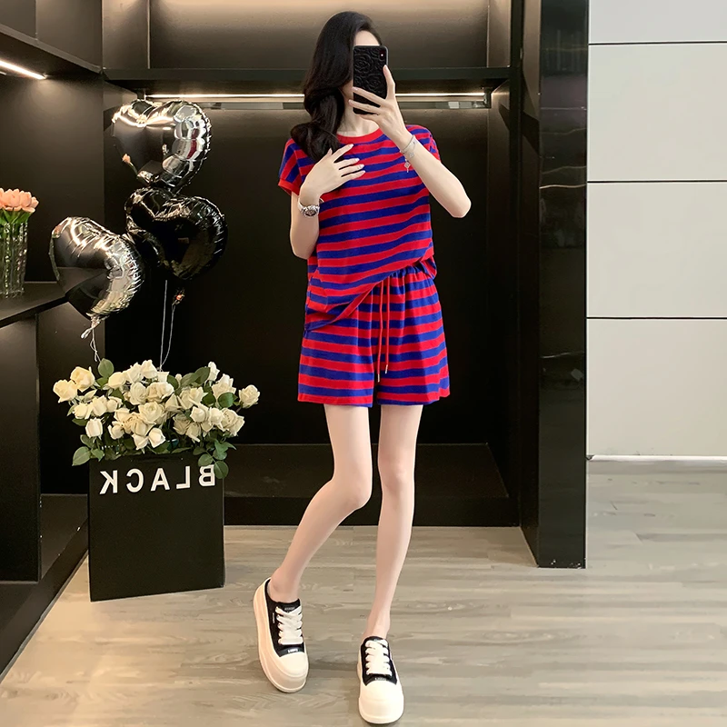 韩版显瘦夏季新款减龄拼色条纹短袖上衣高腰短裤休闲运动套装女